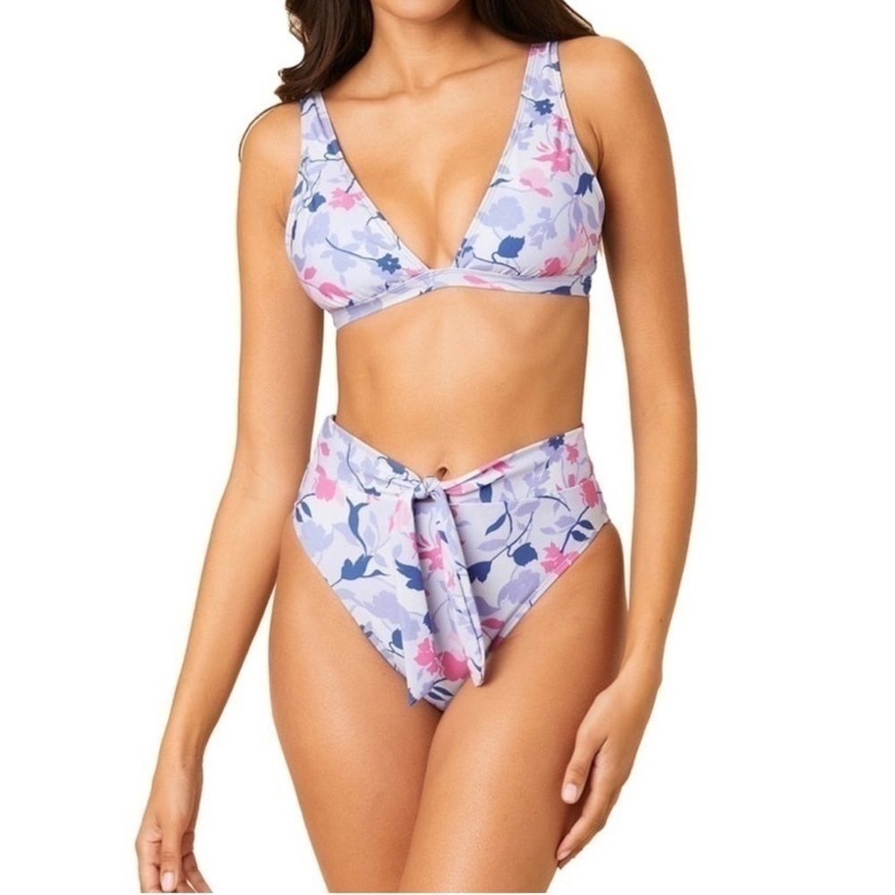Splendid Bikini Floral Medium Triangle Top High Rise Bottoms Blue Pink New NWT